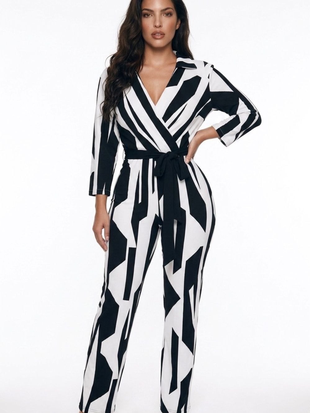 NEW YORK & COMPANY | NEW Black & White Wrap Style Belted Jumpsuit Women’s Size L